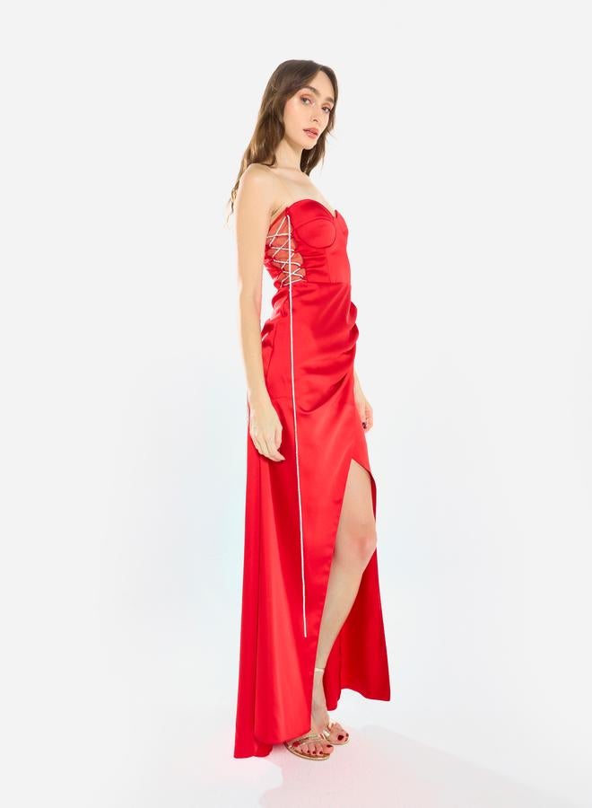 House of Moda Women Side Lace Detail Bodice Slit Gown Maxi Dress - Image 3